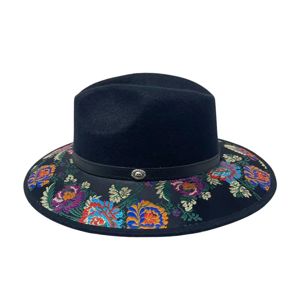 N.R. Hats Vibrant Floral Embroidered Mexican Fedora - Sombrero - Black - Size M